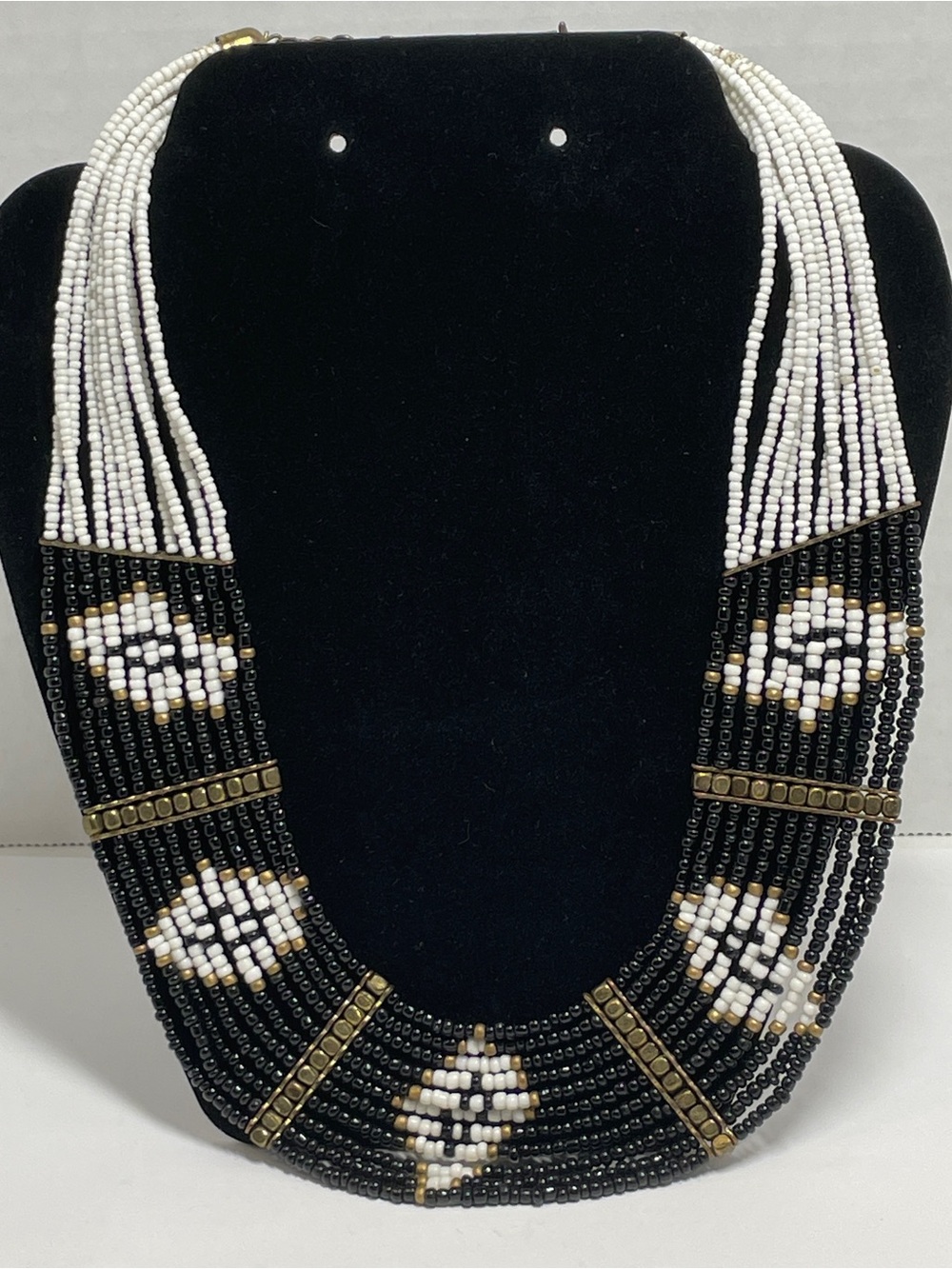 Seed Bead Collar Necklace Native American Style Wide Black White Brass Diamond